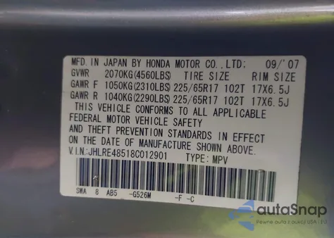 2008 Honda Cr-V Ex from USA, damaged, VIN JHLRE48518C012901